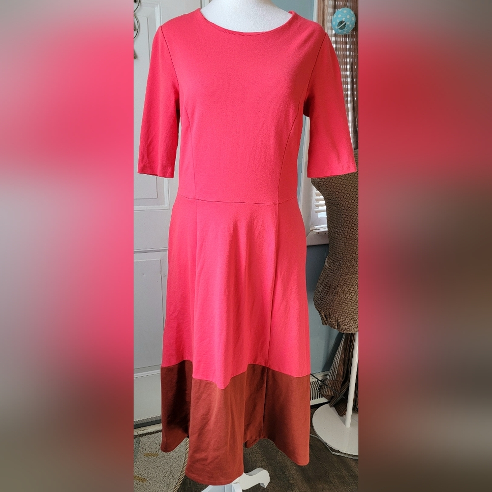 Boden Wren Ponte Jersey Knit Midi Dress Womens 8 Pop Peony & Brown High-Low Heam - Picture 3 of 14
